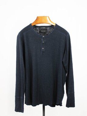 WINGS+HORNS 1x1 Slub Rib Knit Navy Blue Cotton Jersey Henley T-Shirt, Size XL